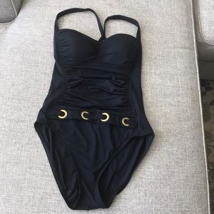 BLEU Rod Beattie Black Ruched One Piece Swimsuit Gold Belt
